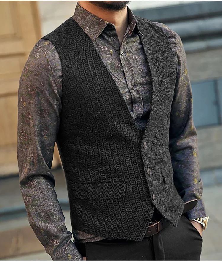 Men's Suit Vest Black Grey Wool Tweed Waistcoat Jacket Slim Fit Like Beckham Business Groomman Clothing Man For Wedding Vests