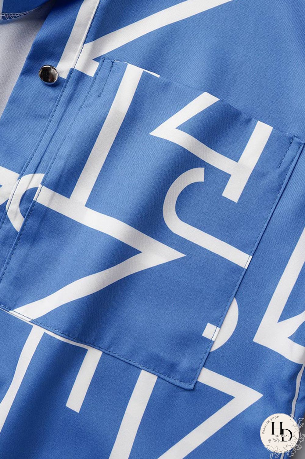 Blue Casual Print Patchwork Buckle Turndown Collar Tops