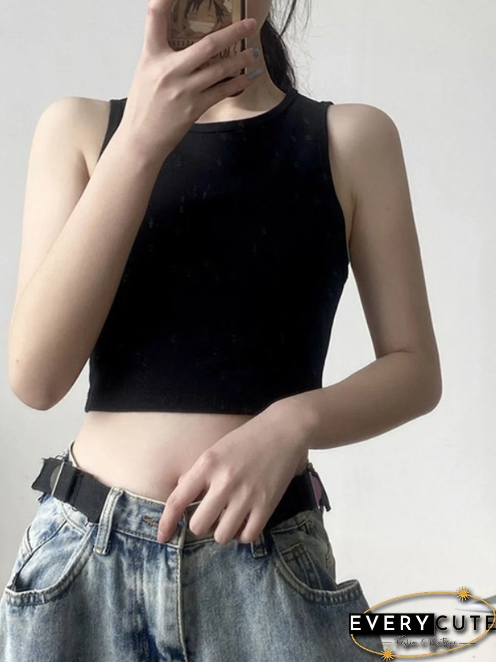 Summer New Ladies Retro Crop Top High Waist Slimming Stretch Slim Short Sleeveless Bottoming Top