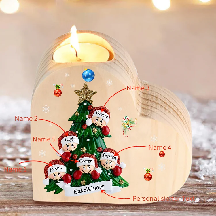 Herzform Kerzenhalter Personalisierte 5 Namen & Text Weihnachtsbaum & 5 Kinder Kerzenhalter