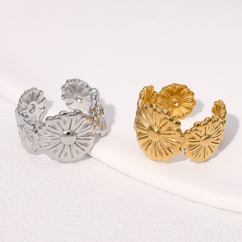 Retro Stainless Steel Flower Ring Adjustable Female Niche Simple Versatile Hand Jewelry