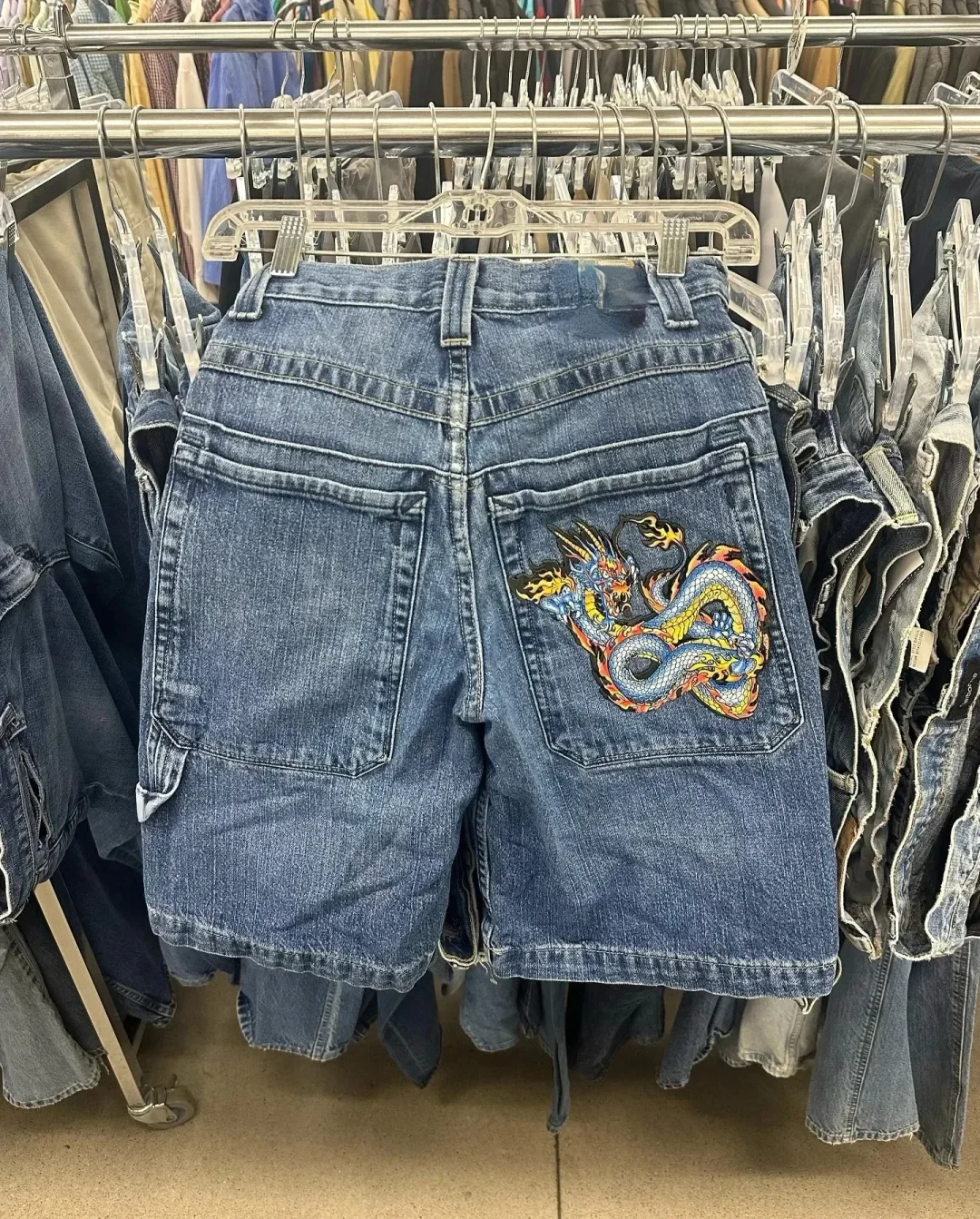 Aonga Y2k waisted loose knee length jeans short American retro Gothic Halloween geometric graffiti print denim shorts for men  women aonga