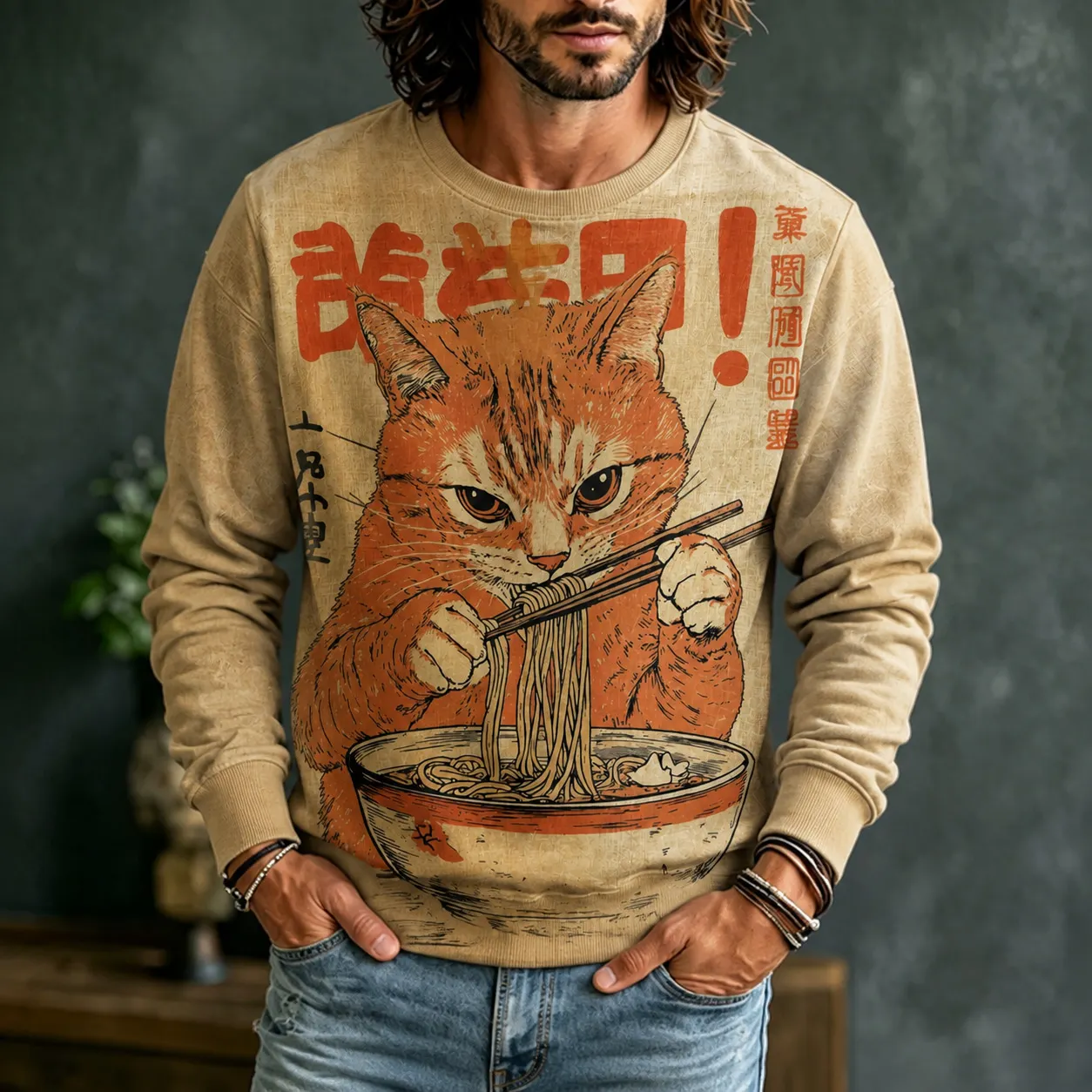 Men's Retro Japanese Art Cat Print Pullover Sweatshirt  artssus