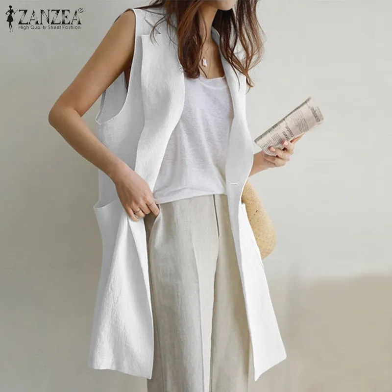 Summer Cardigan ZANZEA Women Sleeveless Casual Work OL Waistcoat Elegant Office Blazer Fashion Female Solid Coats Buttons Vests