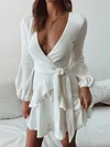 Irregular Clipping Plunging Long Sleeves Mini Dress
