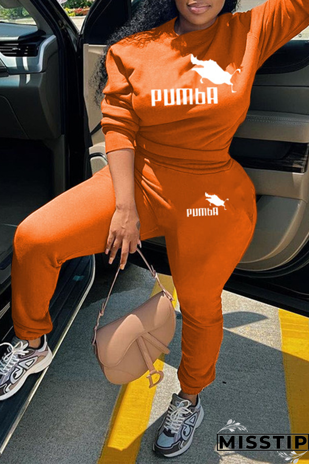 Rose Red Street Print Patchwork O Neck Long Sleeve Two Pieces