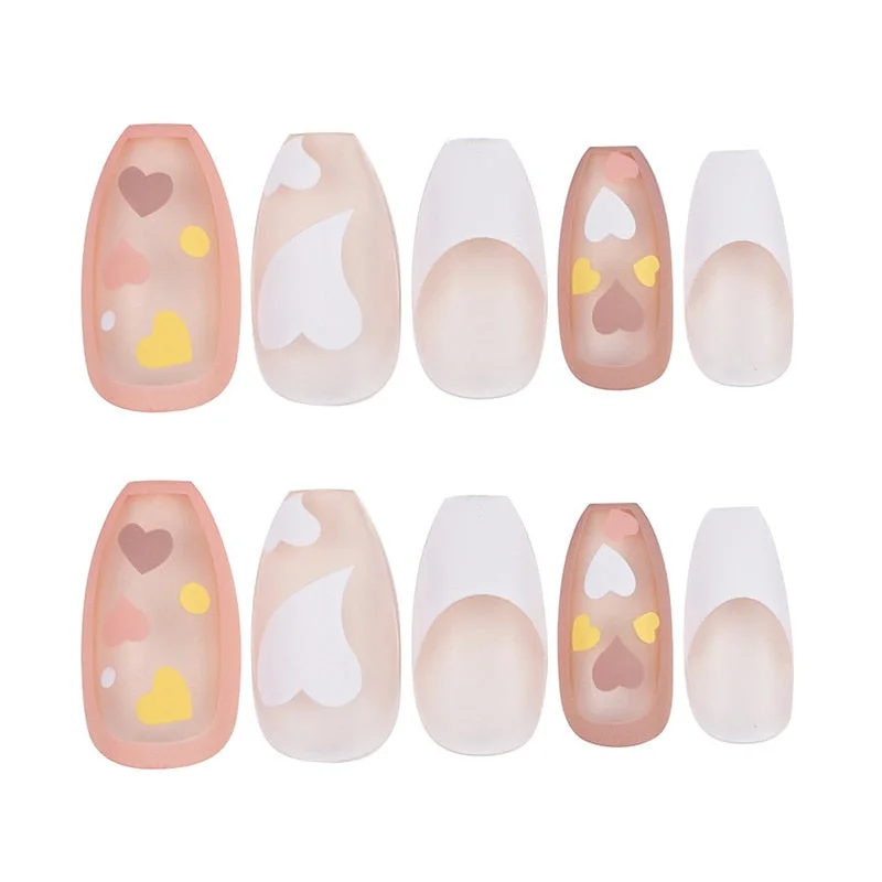 24pcs Peach pink Princess French Style Heart Decor Waterproof Girls Wearable Detachable Finished Fake Nails wih Glue for girls-Nail Inspo