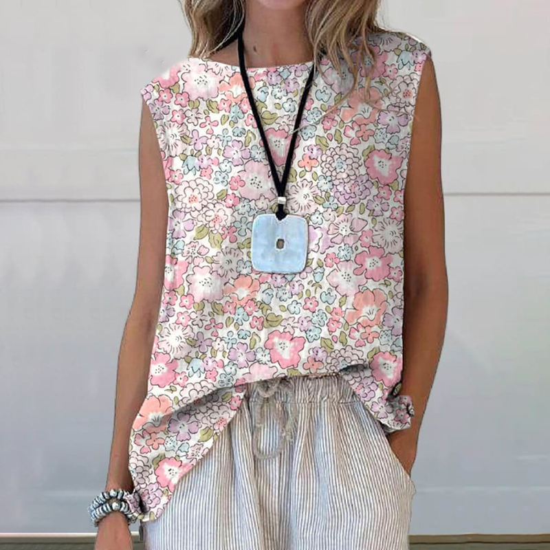 Comstylish Retro Elegant Floral Art Print Casual Cotton Linen Tank Top