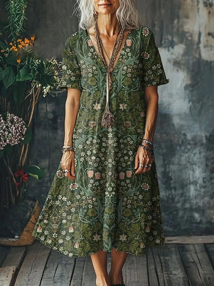 Women's Vintage Lovely Floral Art Print Pocket Cotton Dress