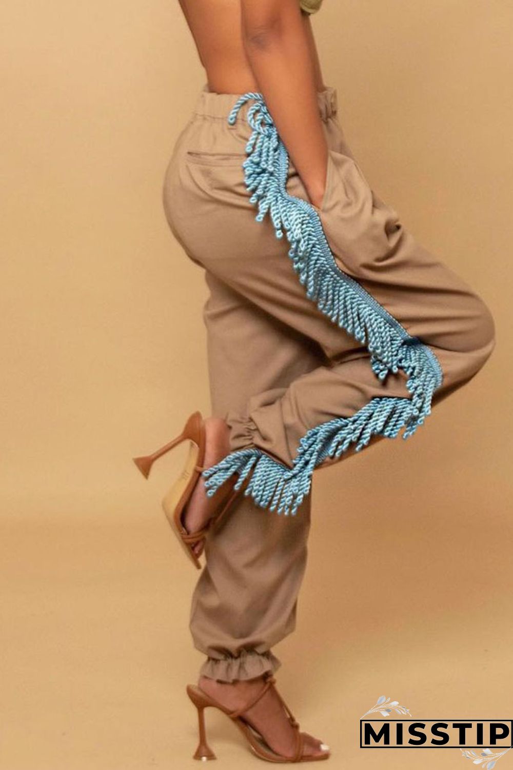 Black Casual Solid Tassel Patchwork Loose High Waist Pencil Solid Color Bottoms