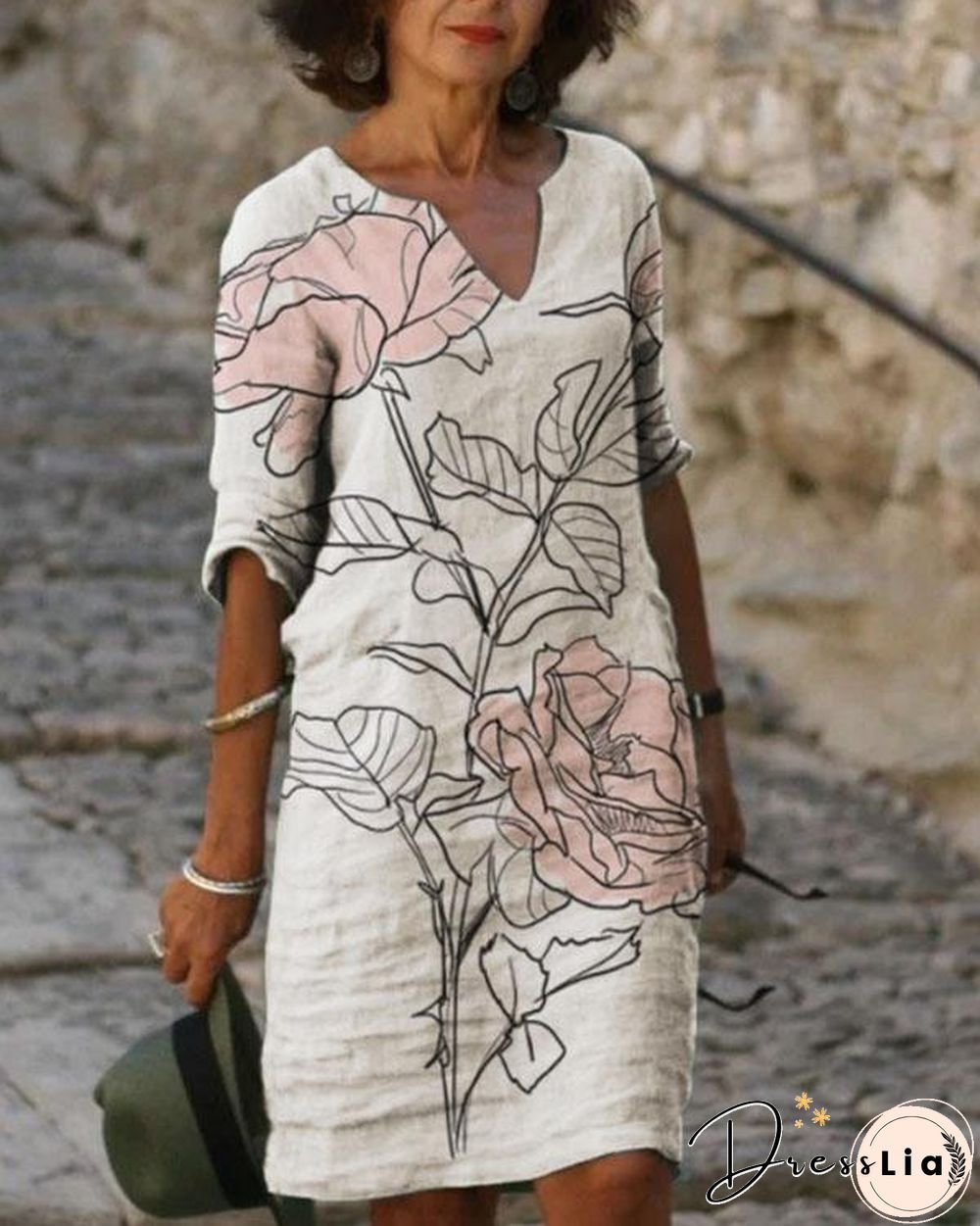 Casual Printed Tunic V-Neckline Half Sleeve Shift Dress