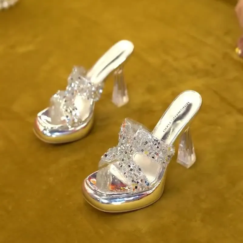 Breakj Breakj Korea's Small Thick-Bottomed One-Word Drag Woman Wearing Transparent Cool Slippers In The Summer Of 2025 Thick Heel High Heels