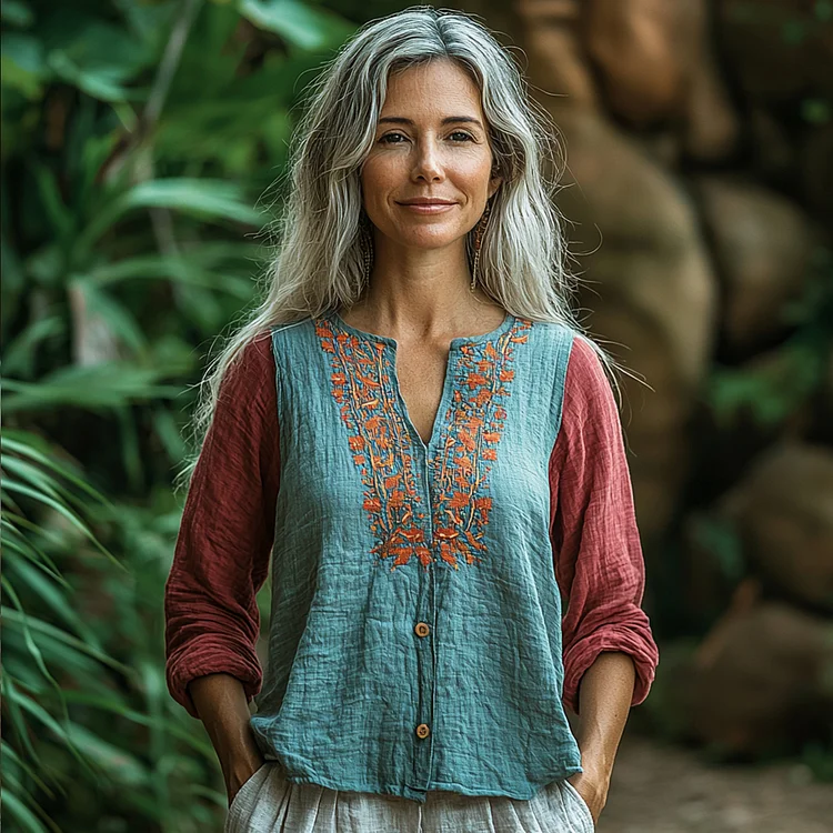 Women's Linen Contrast Color Panel Bohemian Casual Shirt
