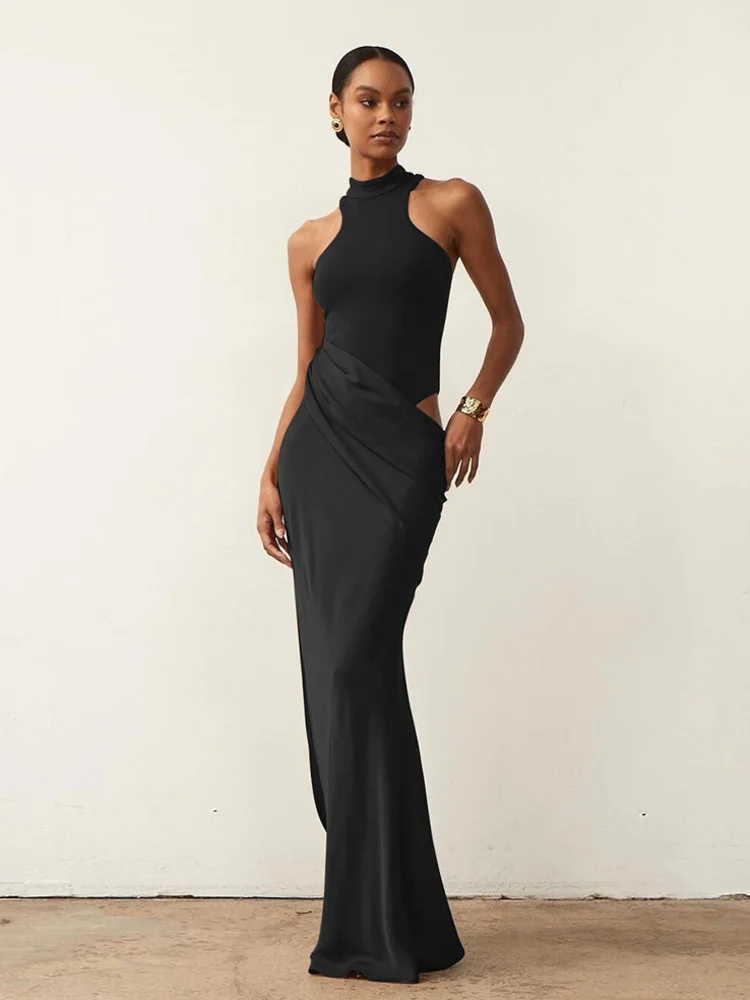 Satin Sexy Hollow Out Women Maxi Dress Black Sleeveless High Waist Maxi Dress