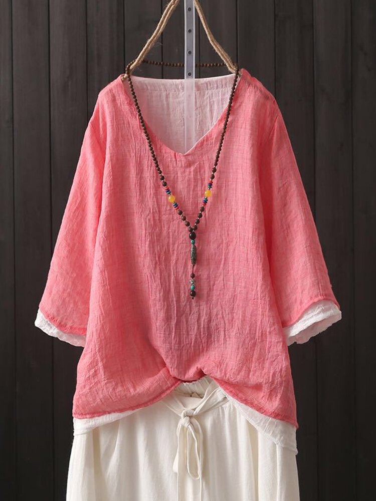 Women Solid Color Loose V Neck Double Sleeve Blouses P1335195
