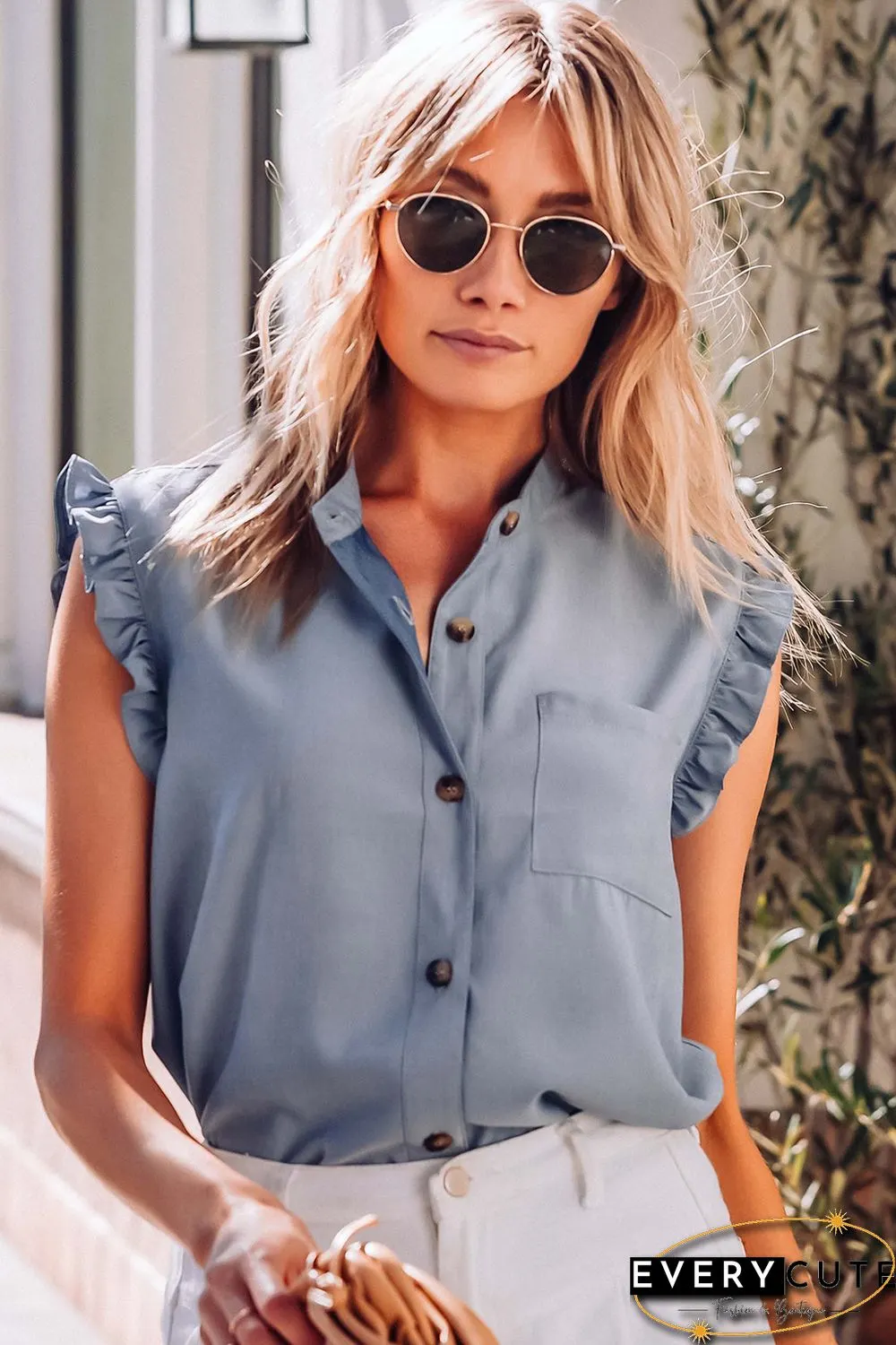 Sky Blue Button Up Ruffled Sleeveless Shirt with Chest Pocket