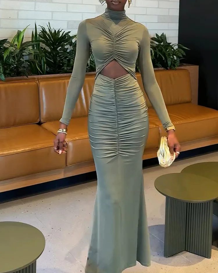 Women's solid color hollow slim dress