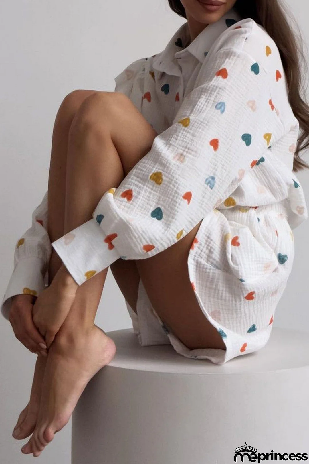 Heart Print Ruffle Long Sleeve Shirt Two Piece Shorts Set