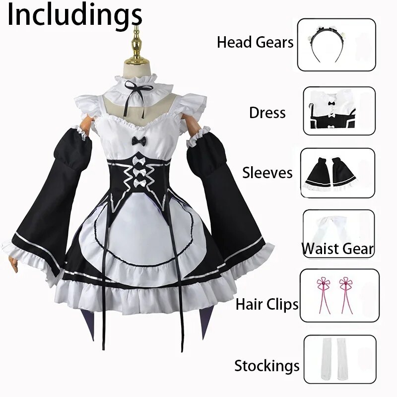 [Wetrose] In Stock Re:Zero Rem Ram Cosplay Costume Remu Ramu Kara Hajimeru Isekai Seikatsu Anime Maid Lolita Halloween Full Set