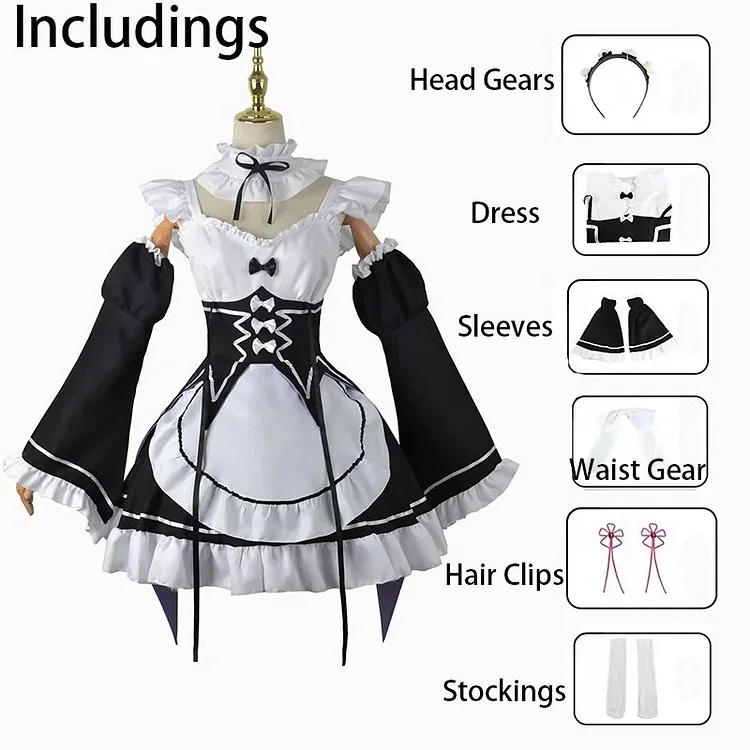 【Wetrose】In Stock Re:Zero Rem Ram Cosplay Costume Remu Ramu Kara Hajimeru Isekai Seikatsu Anime Maid Lolita Halloween Full Set