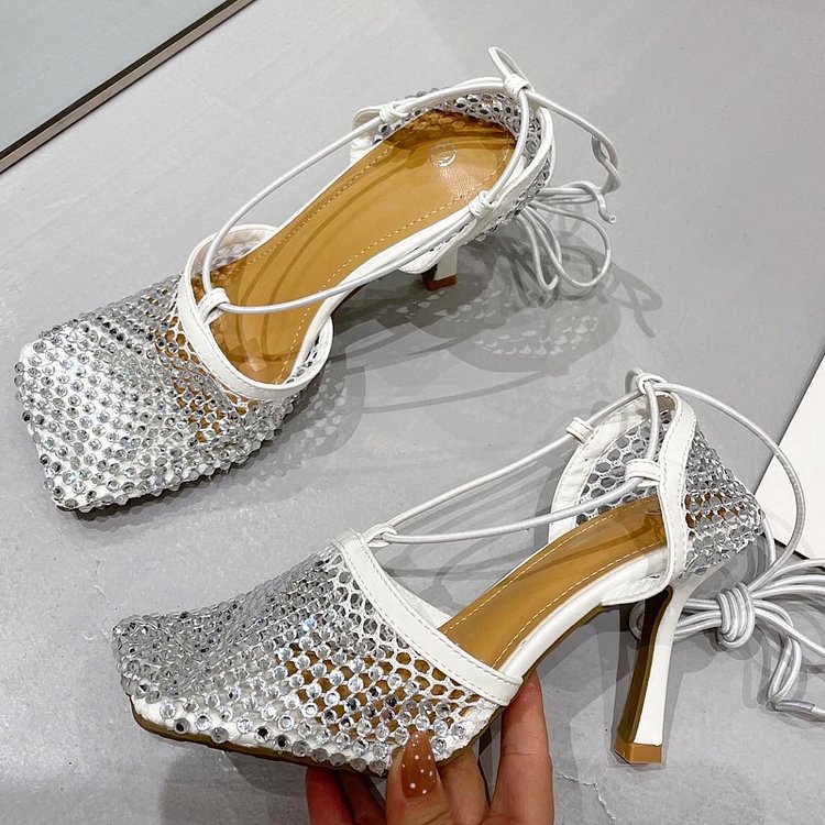 Shiny Rhinestone Square Toe Heel Sandals
