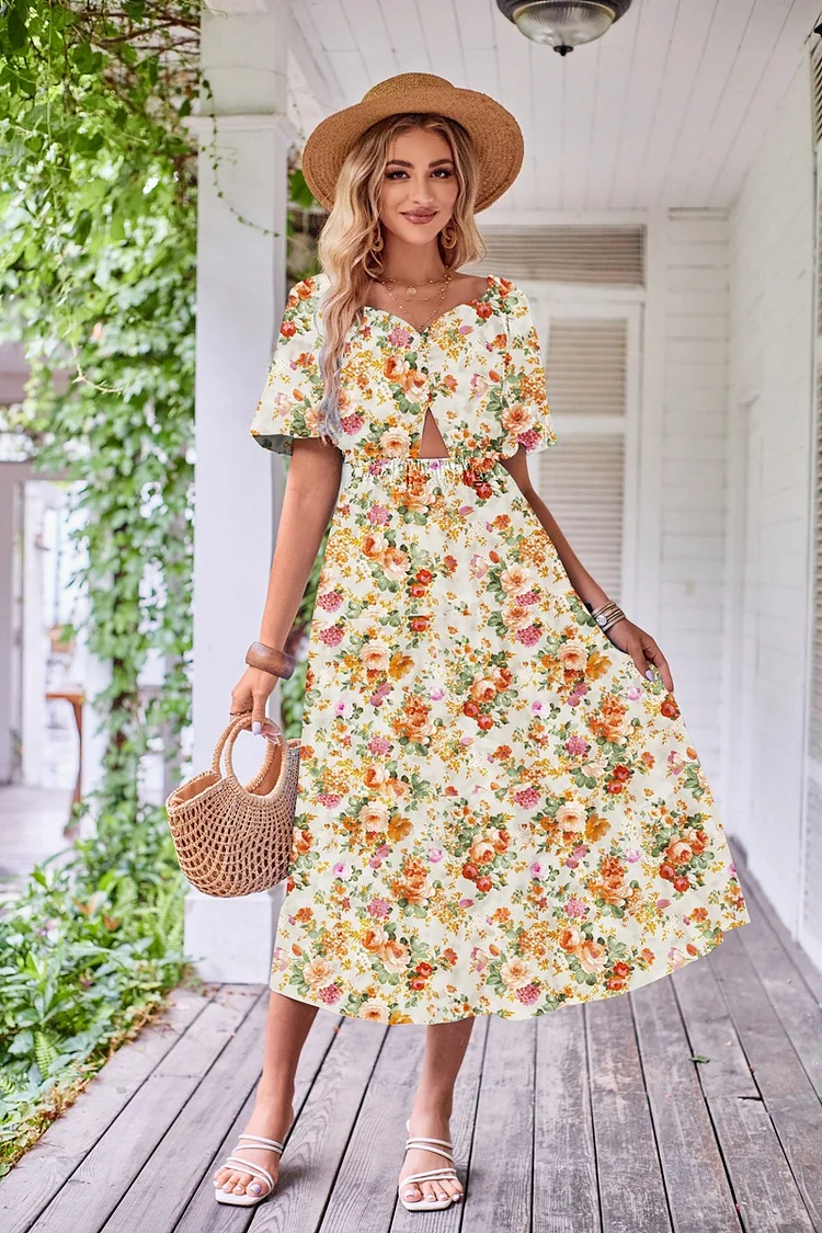 Women's Fashion Square Neck Bubble Short Sleeve Ruched Print Casual Midi Dress