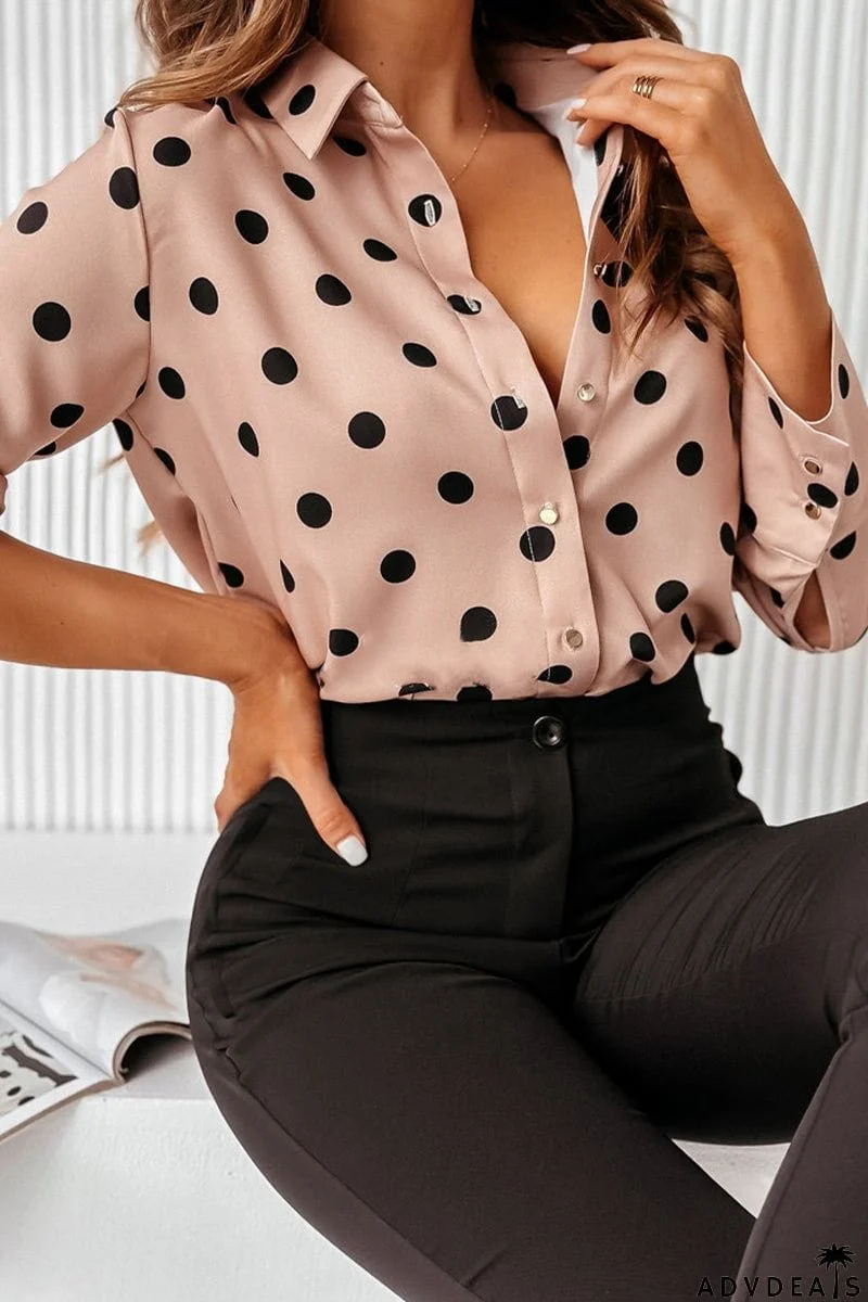 Work Elegant Print Buttons Turndown Collar Tops