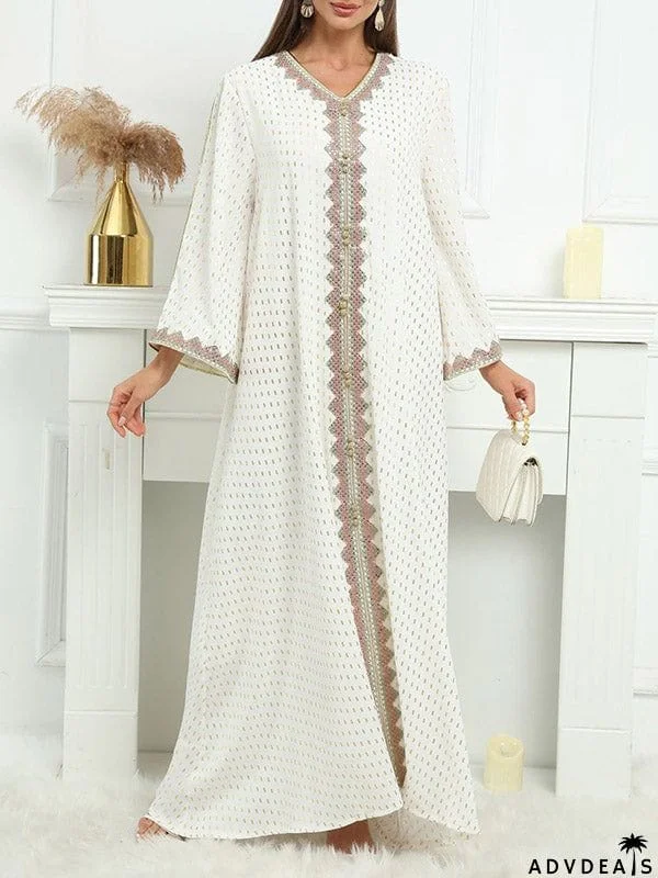 Batwing Sleeves Long Sleeves Muslim Polka-Dot V-Neck Maxi Dresses