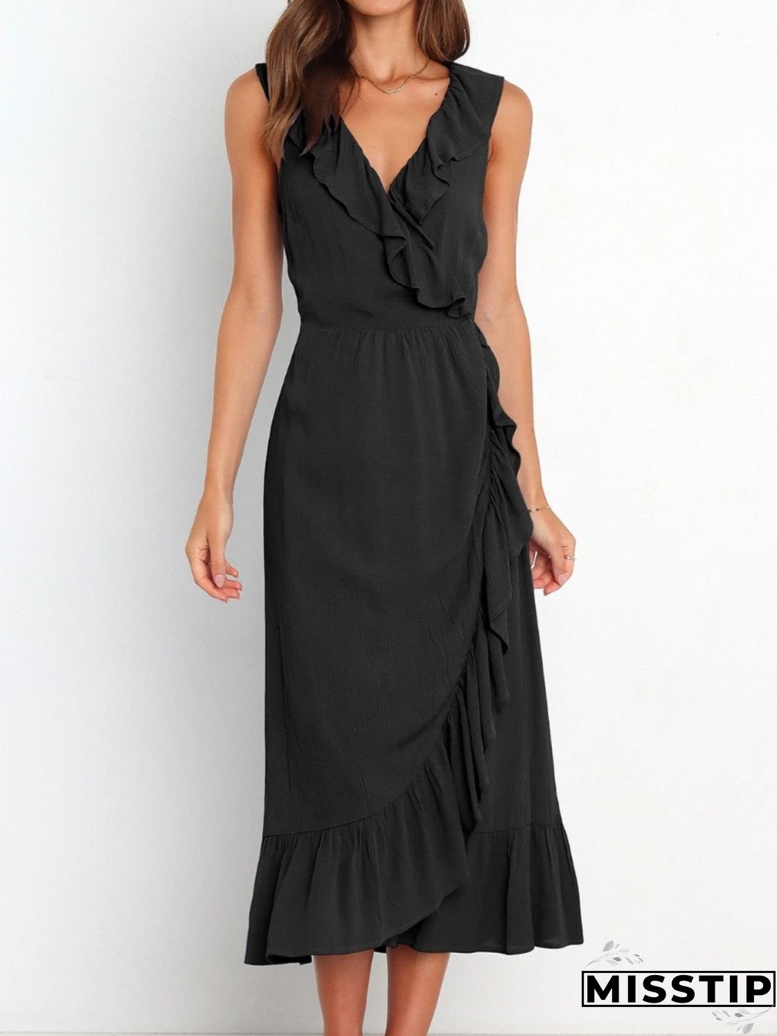 Ruffled Surplice Sleeveless Midi Dress