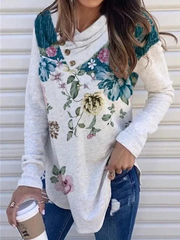 Women Long Sleeve Turtle Neck,Floral Printed Graphic Top