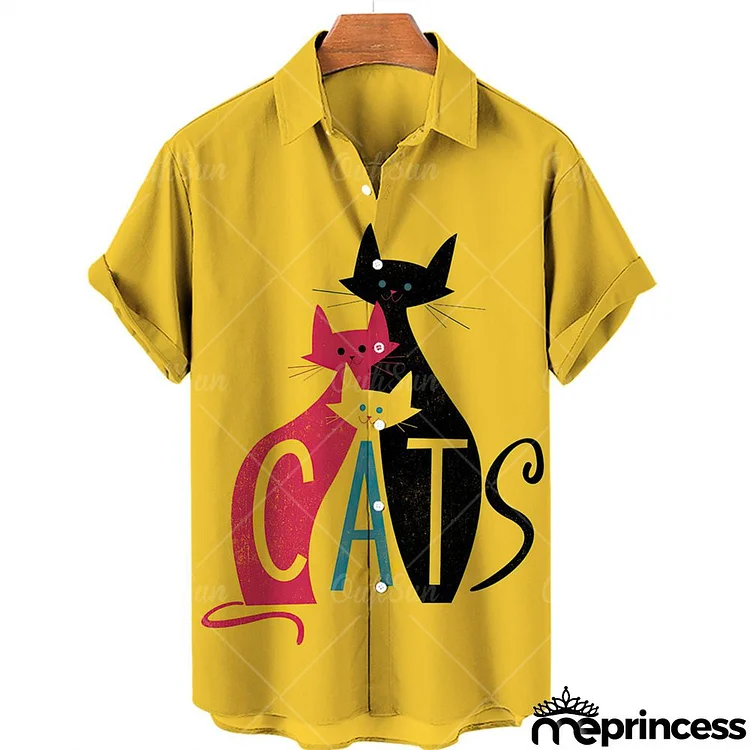 Men Fashion Casual Party Holiday Kitten 3D Pattern Short Sleeve Lapel Plus Size Shirt