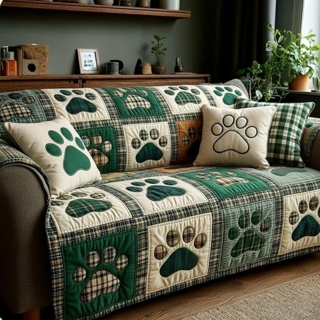 Green Buffalo Love Paw Quilted Sofa Cover NCU0NT11538 everthome