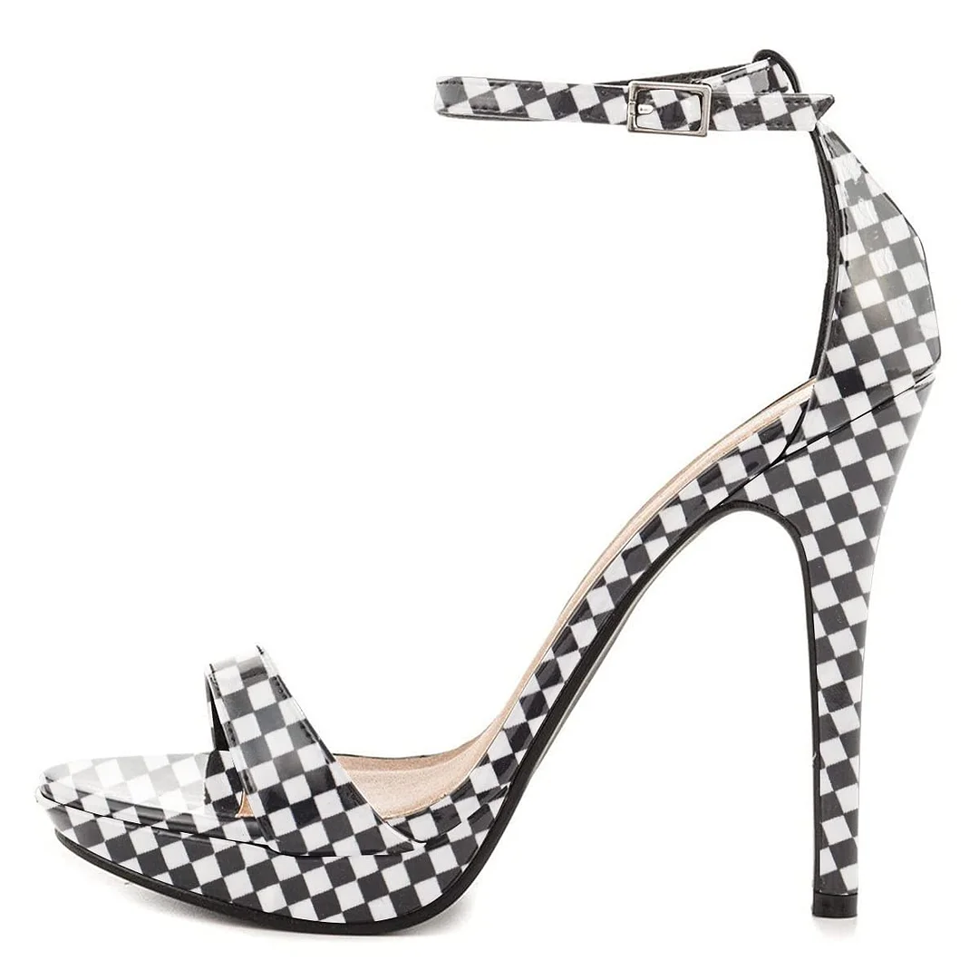 White & Black Plaid Open Toe Strappy Stiletto Heels with Platform