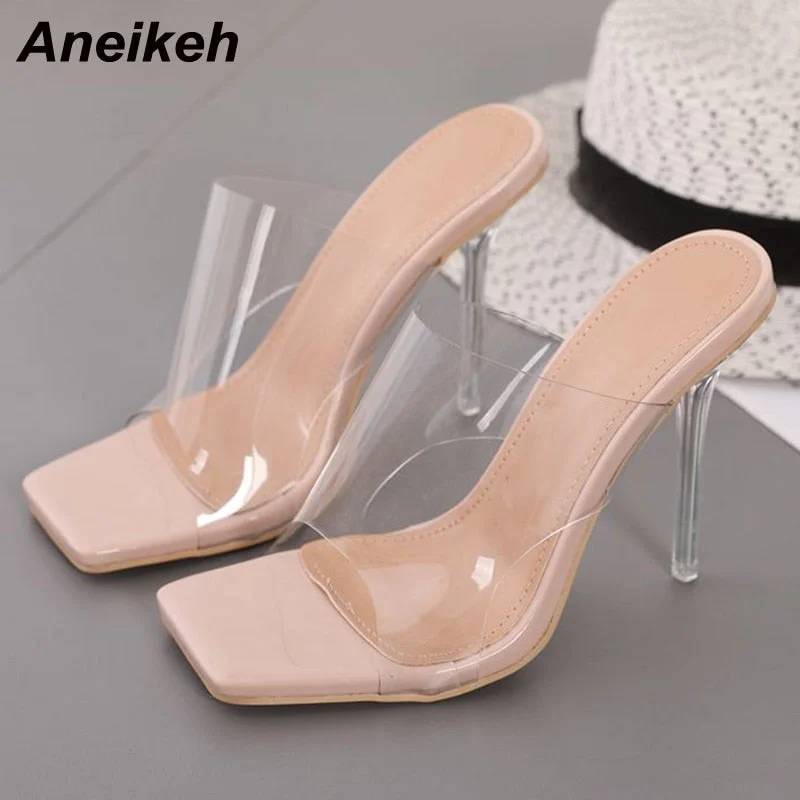 Aneikeh 2021 New Women's Shoes Summer PVC Transparent High Heel Slippers Fashion Slides Party Shallow Square Toe Solid Concise