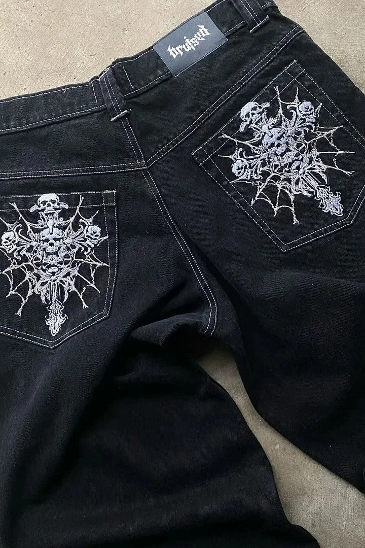 Gothic Y2K Skull Cross Embroidered Straight Wide Leg Denim Pants
