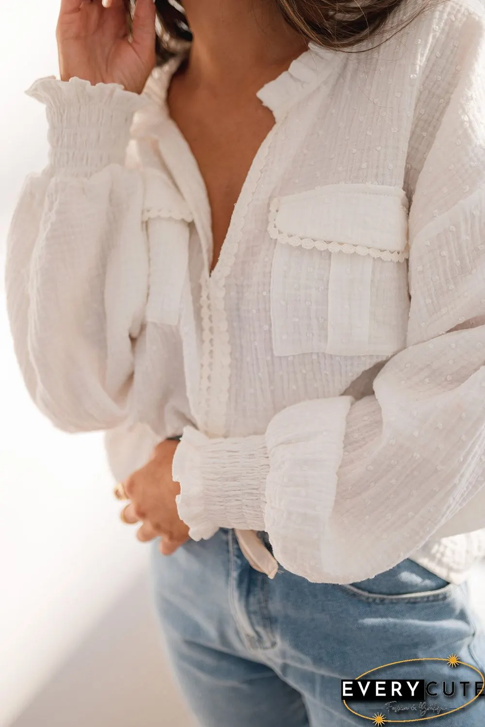 White Lace Trim Dotty Crinkle Texture Shirt