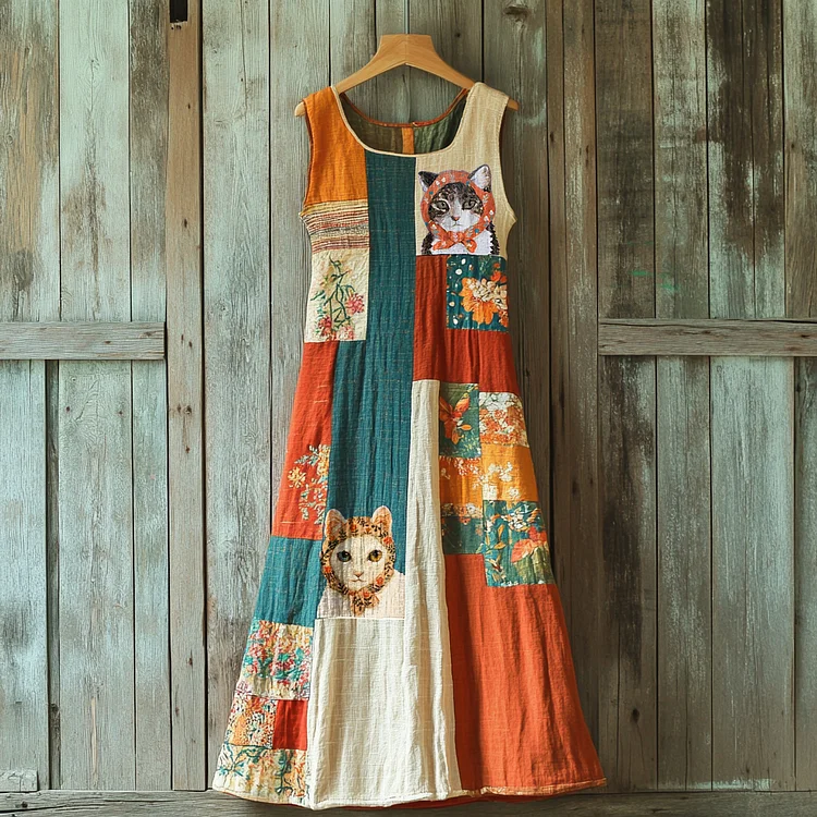 Simpfit Ärmelloses Maxikleid im Retro-Farbblock- und Katzen-Design für Damen