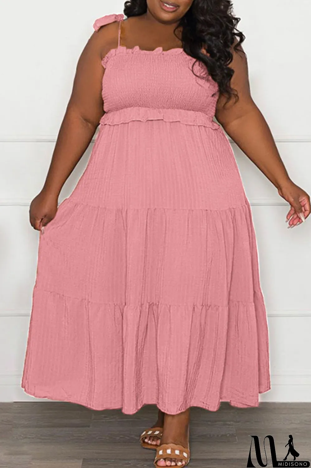 MidiSono - Pink Casual Sweet Solid Bandage Patchwork Fold Spaghetti Strap Sling Dress Plus Size Dresses