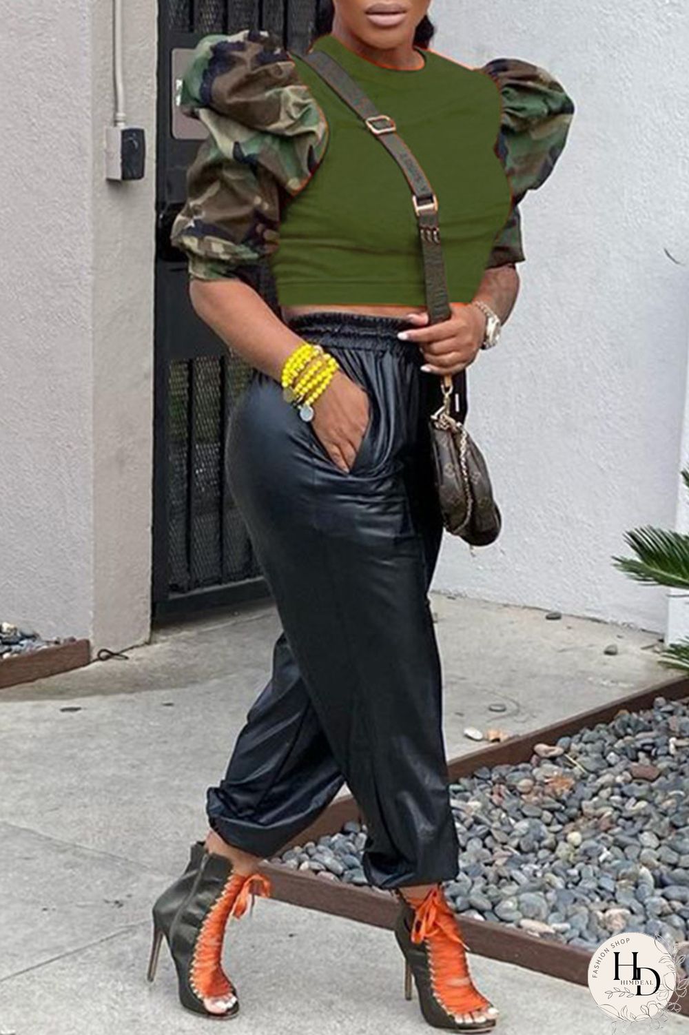 Black Fashion Casual Camouflage Print Patchwork O Neck Tops