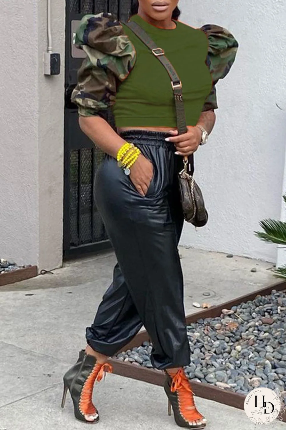 Black Fashion Casual Camouflage Print Patchwork O Neck Tops