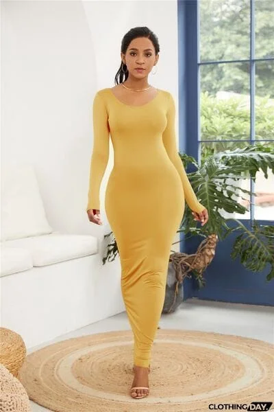 Round Neck Long Sleeve Maxi Wrap Dress