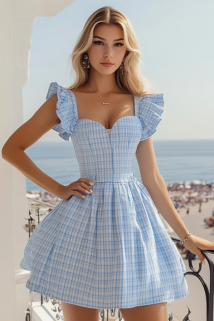 Flutter Sleeve Sweetheart Neck Plaid A-Line Mini Dresses-Blue [Pre Order]