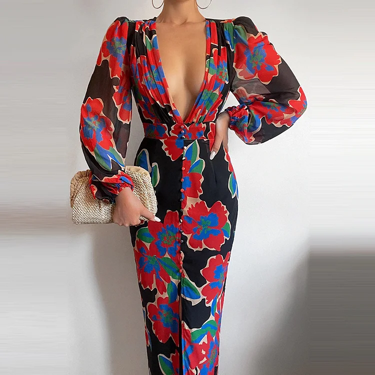 Women Sexy Button V-Neck Slit Elegant Print Slim Casual Long Sleeve High Waist Maxi Dress