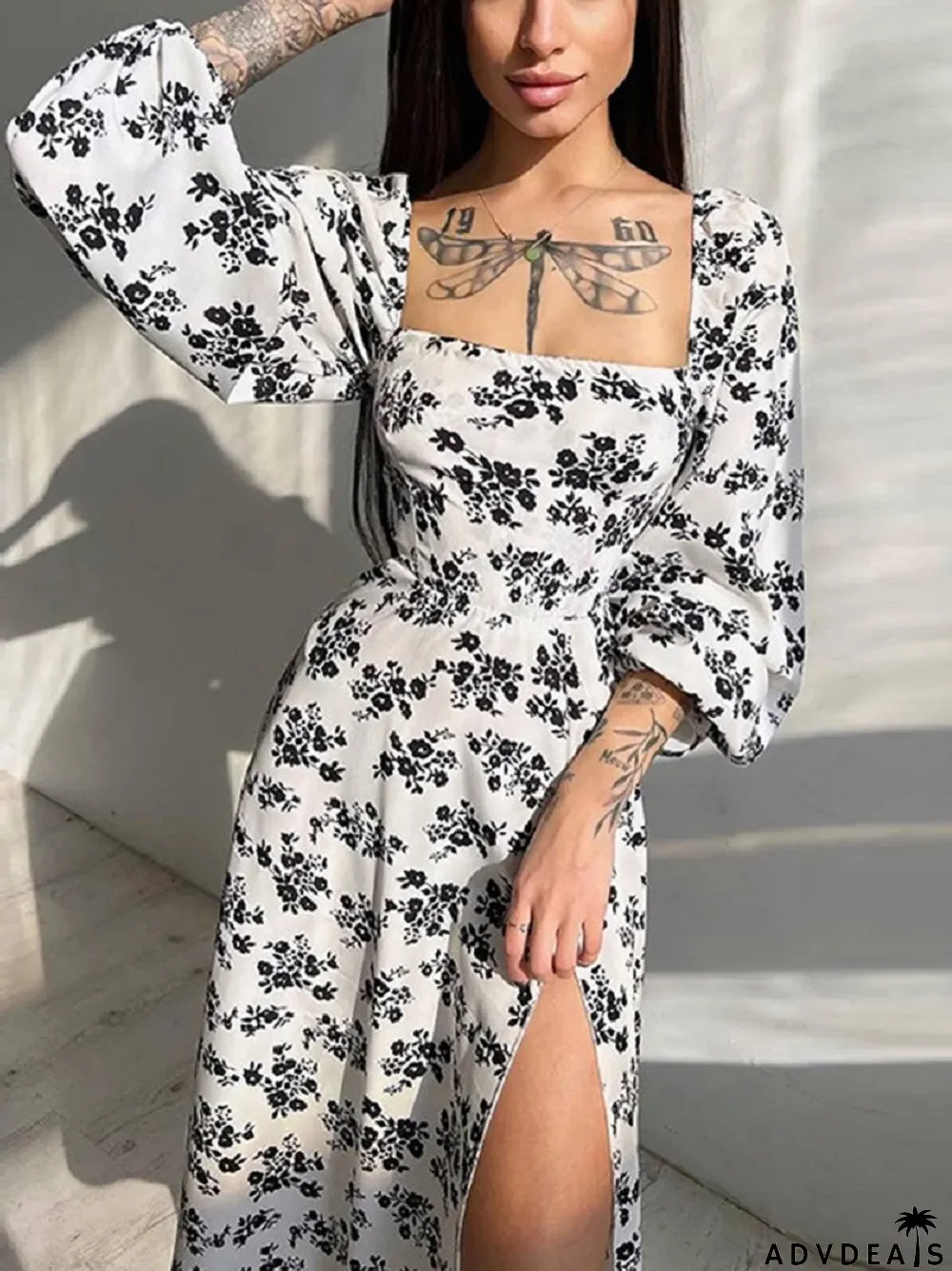 Sexy Elegant Square Neck Puff Sleeve Floral Backless Slit Wedding Guest Dress