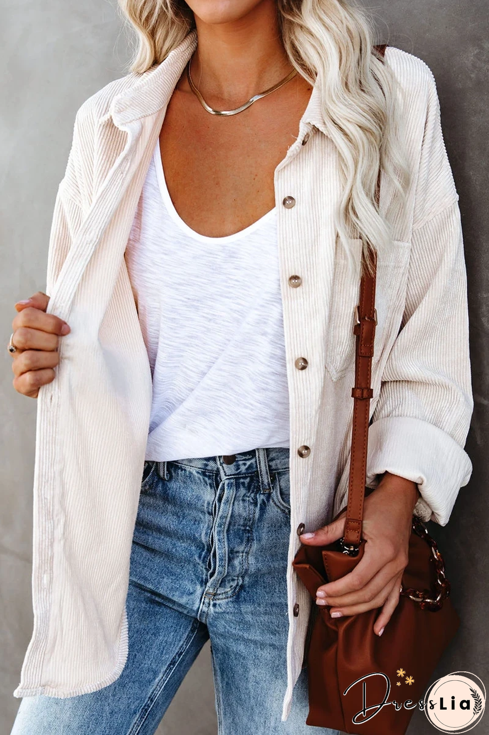 KarliDress Corduroy Button Down Pocket Top P12483