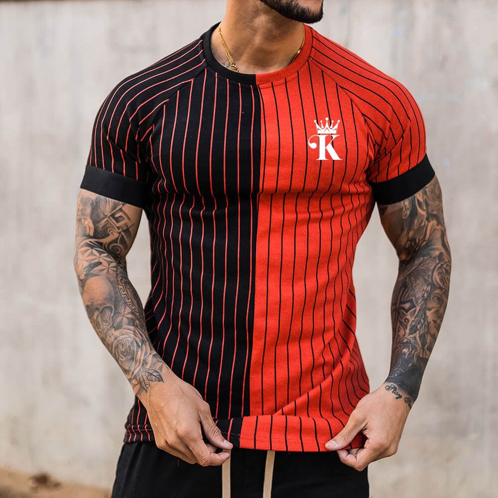 Men's Fashion Peach Heart KING Striped Colorblock Print Casual Short Sleeve T-Shirt
