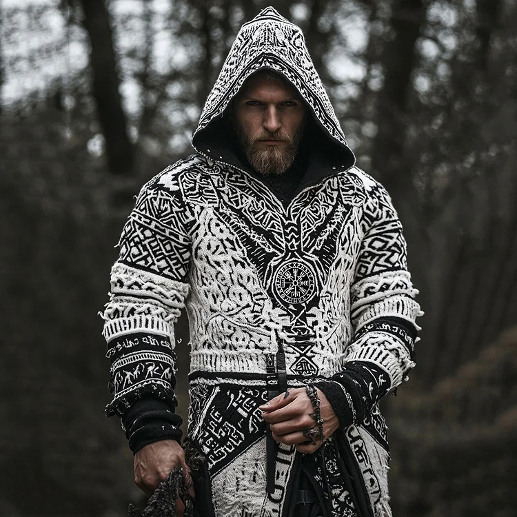 Men's Vintage Viking Inspired Celtic Jacquard Hooded Sweater