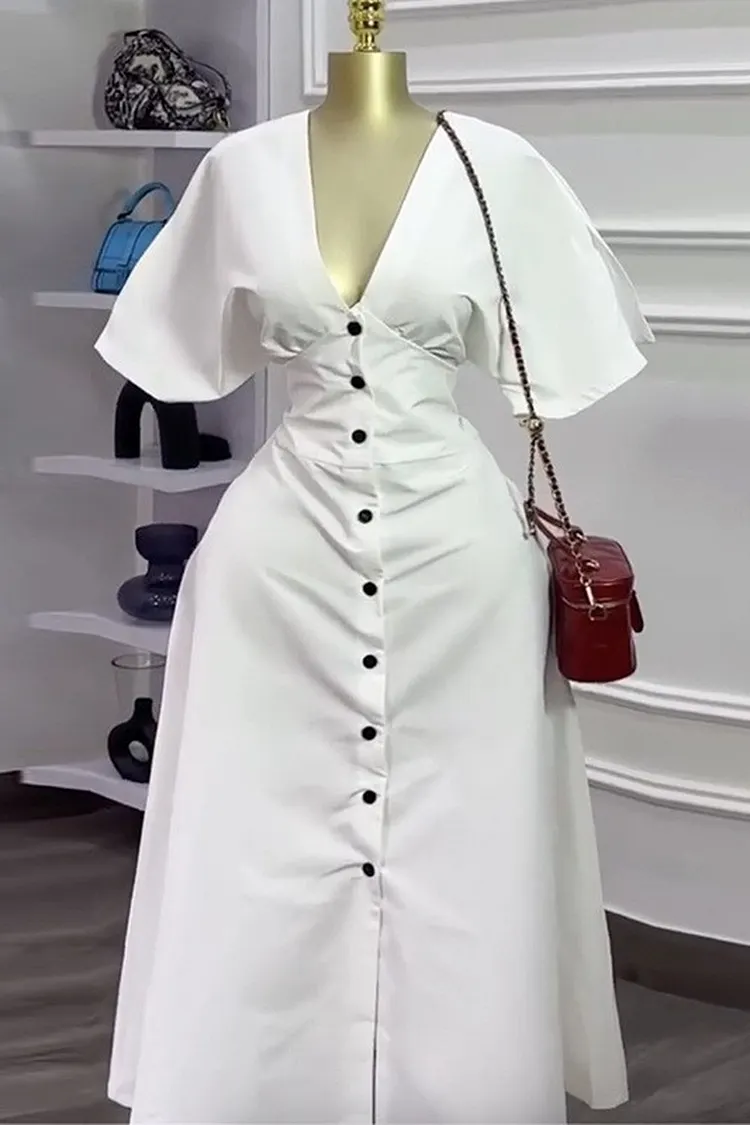 Cotton V - Neck Midi Dress with Button Front Women's Summer