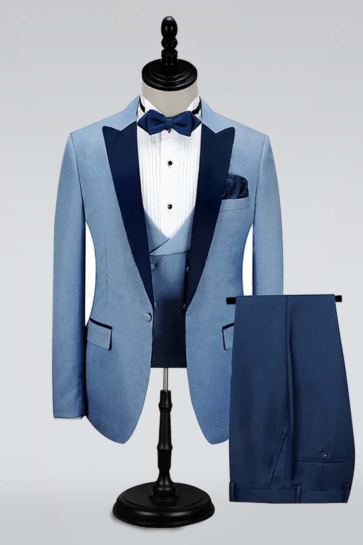  Fashion Blue Tuxedos Dark Navy with Peak Lapel Party Prom Suit Wedding For Men