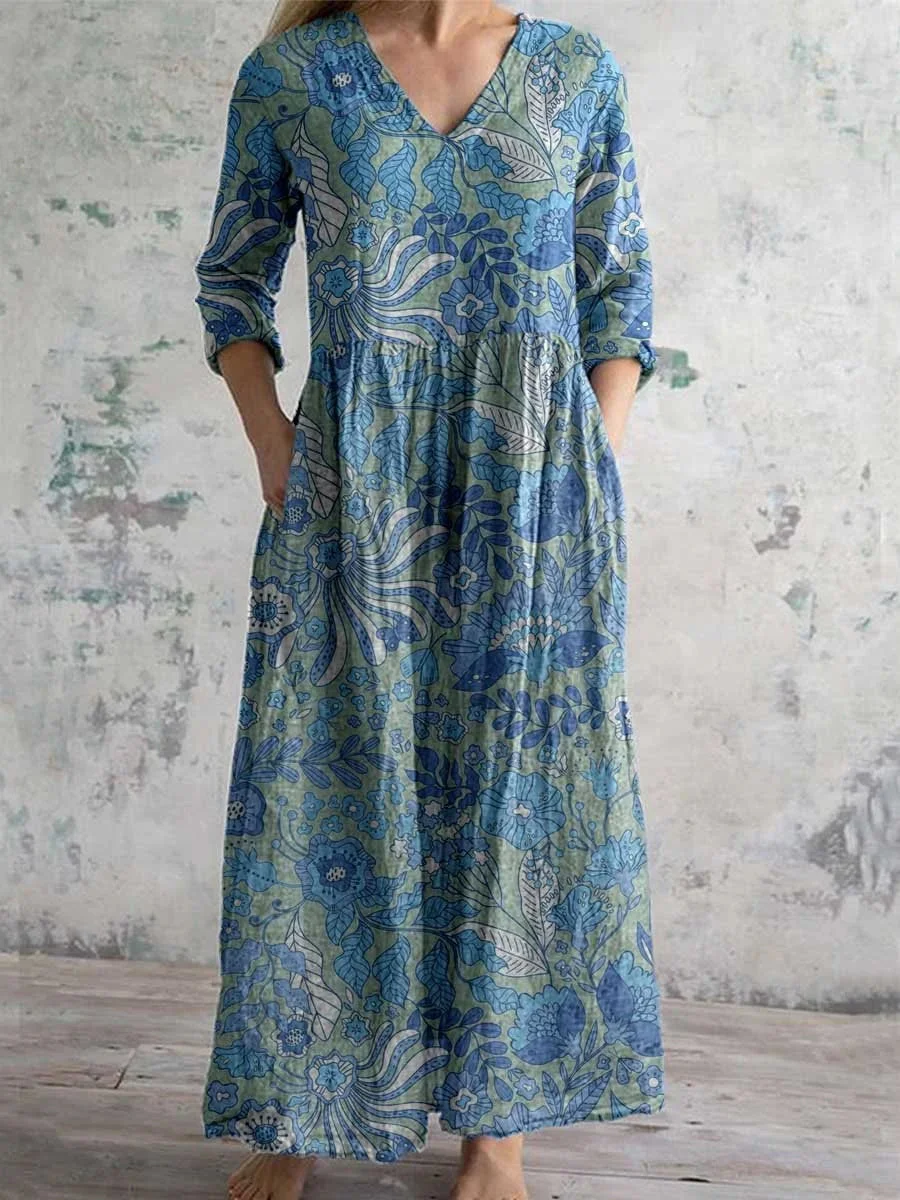 Women's 3/4 Sleeve V-neck Graphic Printed Midi Dress